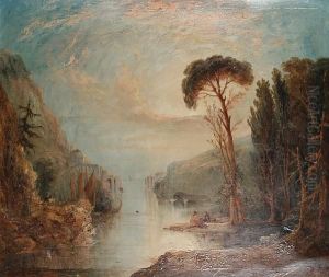 A River Landscape At Sunset With Figures In The Foreground by Frederick Lee Bridell