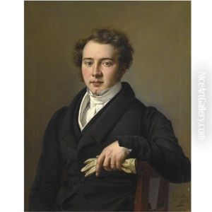 Portrait Of A Young Man, Half Length, Wearing Black Jacket And Holding A Pair Of Gloves by Josef Bartholomeus Vieillevoye