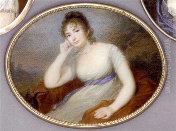 A Young Lady, Seated On A Red Cashmere Stole On A Mossy Bank With Her Right Hand Raised To Her Face, In White Dress, Red-bordered Purple Scarf Tied Around Her Waist, Double-pearl Choker... - view 1