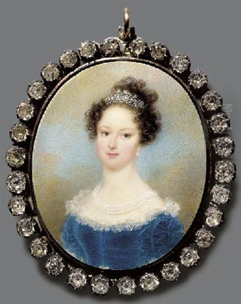 A Young Lady In Lace-bordered Blue Velvet Dress, Triple Strand Pearl Necklace, Flowers In Her Upswept Dark Curling Hair - view 1