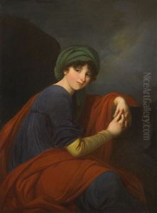 Portrait Of A Lady, Three-quarter Length, Wearing A Green Turban And A Blue Dress Beneath A Red Mantle