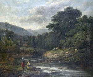 A River Landscape With Figures Fishing On The River Bank And Sheep And Cattle Grazing by Robert Bridgehouse
