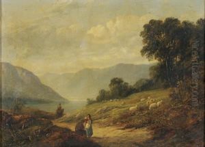 Highland Loch With Figures And Sheep