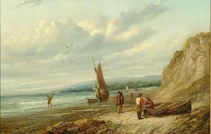 Fisherfolk And Vessels Ashore by Robert Bridgehouse