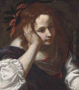A Young Girl In A Red Dress With A Purple Cloak, Her Head Resting On Her Hand