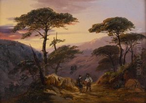 Bergers Conversant Au Coucher Du Soleil Dans Un Paysage Italianisant by Edouard De Vigne