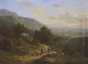 Marchands Avec Leurs Troupeaux Dans Un Paysage Montagneux by Edouard De Vigne