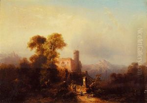 Mountainous Landscape With Castle And A Country Well by Edouard De Vigne