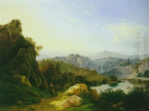 Suditalienische Gebirgslandschaft Mit Wanderern by Edouard De Vigne