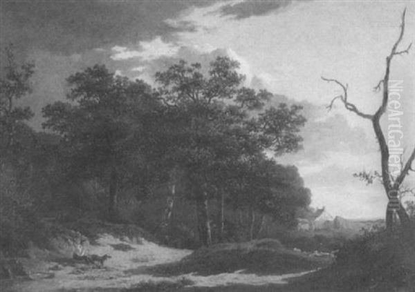 Shepherd With Dog Seated In A Wooded Landscape - view 1