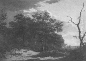 Shepherd With Dog Seated In A Wooded Landscape by Edouard De Vigne
