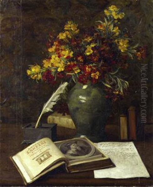 Fleurs Dans Un Vase Sur Un Bureau Et Livre Ouvert - view 1