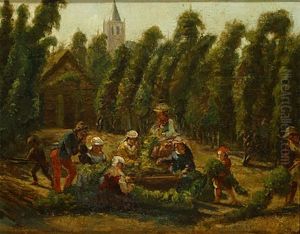 La Cueillette Du Houblon Au Pays D'alost by Felix De Vigne