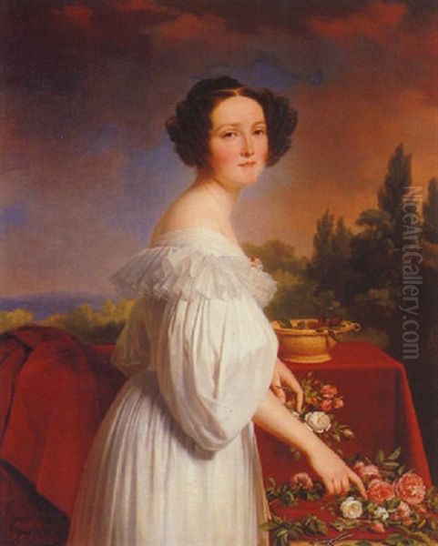 Portrait Of A Lady Arranging Roses Before An Extensive Landscape - view 1