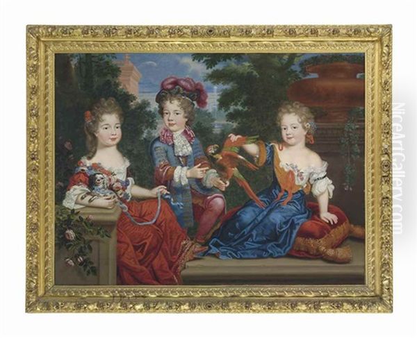 Group Portrait, Traditionally Identified As Three Children Of Francoise-athenais, Marquise De Montespan (1640-1707): A Young Boy In A Blue Velvet Coat With Gold Frogging, A Lace Jabot And Plumed Hat, With A Parrot, A Young Girl In A Red Silk Dress With La - view 1