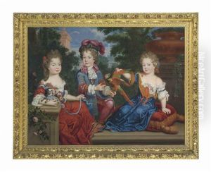 Group Portrait, Traditionally Identified As Three Children Of Francoise-athenais, Marquise De Montespan (1640-1707): A Young Boy In A Blue Velvet Coat With Gold Frogging, A Lace Jabot And Plumed Hat, With A Parrot, A Young Girl In A Red Silk Dress With La by Philippe Vignon