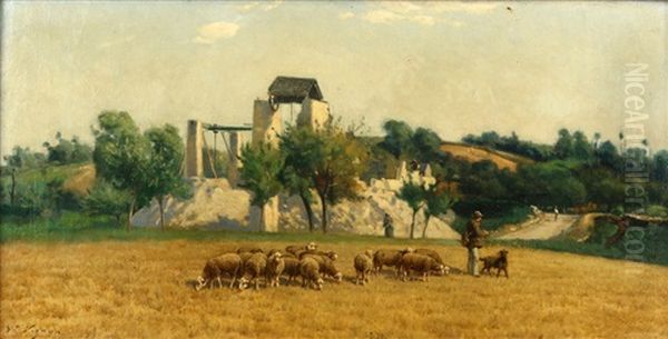 A Shepherd With His Flock In A Summer Landscape - view 1