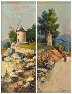 Paysage Provencal Anime (+ Paysage Anime Au Moulin; 2 Works) by Fortune Viguier
