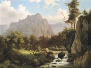 A Wooded River Landscape With Mountains Beyond by Willem Simon Petrus van der Vijver