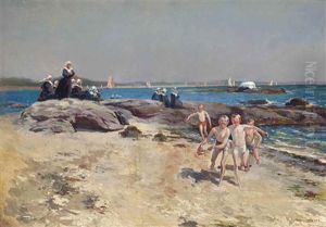 Children On The Beach At Concarneau, Brittany by Julio Vila y Prades