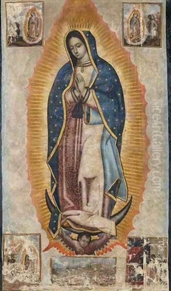 Virgen De Guadalupe Con Escenas De Sus Apariciones Al Indio Juan Diego Y La Ciudad De Mexico Con La Basilica Guadalupe En El Cerro De Tepeyac - view 1