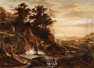 A Panoramic Landscape With A Waterfall by Jacob De Villeers