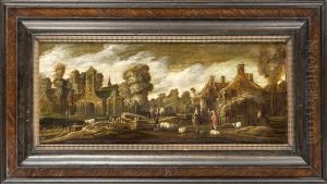 Dorfszene Mit Kirche Auf Der Linken Seite U. Reicher Vieh- U. Figurenstaffage by Jacob De Villeers