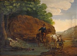 Reiter Mit Zwei Pferden Am Fluss by Jacob De Villeers