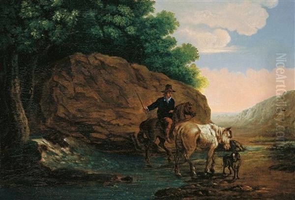 Flusslandschaft Mit Reiter, Pferd Und Hund - view 1