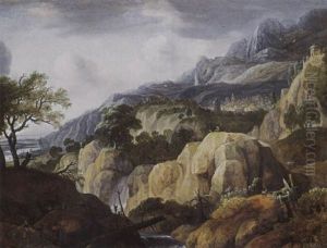 A Mountainous Landscape With Travellers On A Path Near A Waterfall And A Draughtsman On A Rock, A Town Beyond by Jacob De Villeers