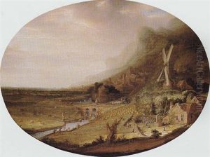 An Extensive Landscape With A Windmill Overlooking A Farm And A River, With A City Beyond by Jacob De Villeers