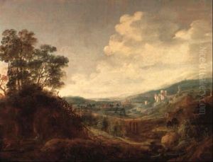 Weite Bewaldete Landschaft Mit Burg Und Dorf by Jacob De Villeers