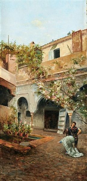 A Girl Seated In A Courtyard With Flowers - view 1