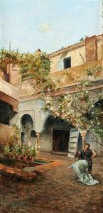 A Girl Seated In A Courtyard With Flowers by Jose Villegas y Cordero
