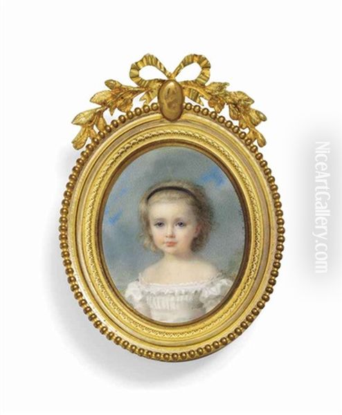 Marguerite De Janze (1863-1952), As A Young Girl, In White Off-the-shoulders Dress With Pink Sash, Fair Hair Dressed With A Black Hairband - view 1