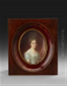 Portrait De Femme En Buste Vers La Droite, Presque De Face En Robe De Soie Bleue Et Echarpe De Gaze Blanche