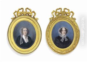 Ladies Of The Montmorency Family: Anne Charlotte Marie Henriette De Montmorency-tancarville (1798-1860), In Black Dress Over Lace-bordered Blouse, Gem-set Brooch At Neck; Together With A Lady, In Similar Dress, With With Gauze Cap Tied In A Bow Below Her  by Cecile Villeneuve
