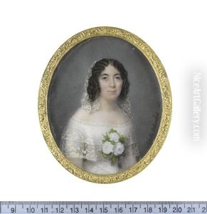 A Portrait Miniature Of A Lady On Her Wedding Day, Wearing White Decollete Dress With Two-tiered Lace Trim, Three White Roses To Her Corsage