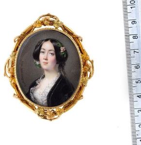 A Lady, Wearing Black Dress With White Lace Trim, White Slip With Lace Trim, Her Raven Hair Parted And Dressed With Small Pink Roses And Black And Gold Ribbon by Cecile Villeneuve