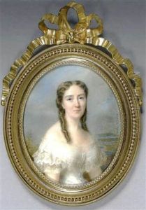 La Marquise De Gricours, Nee Adrienne De Tessaint, Vetue D'une Robe De Dentelle Blanche Decolletee, Coiffee D'anglaise, Elle Est Vue Sur Un Fond De Paysage Lacustre