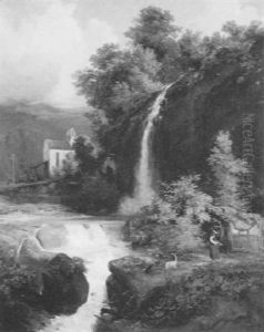 Cottage Beside The Waterfall by Jules Louis Frederic Villeneuve