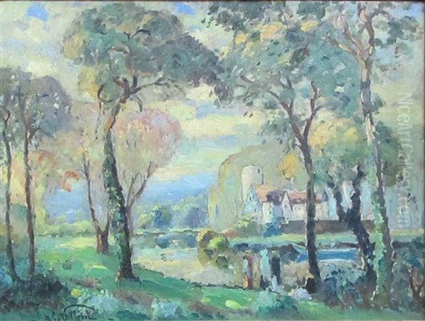 Rural Landscape With Figure Along A River And Large House In The Background - view 1