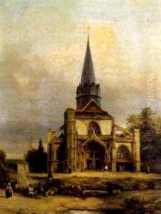 Ansicht Einer Gotischen Kirche Mit Figurlicher Staffage