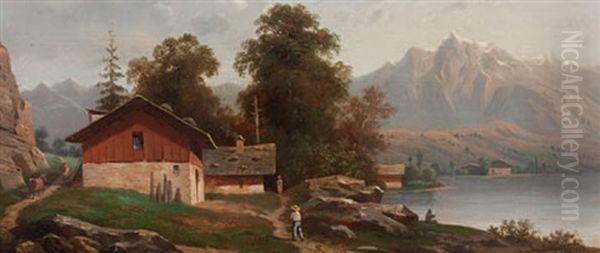 Gebirgslandschaft Mit See, Bauernhaus Und Figurenstaffage - view 1