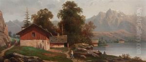 Gebirgslandschaft Mit See, Bauernhaus Und Figurenstaffage by Leon Villevielle