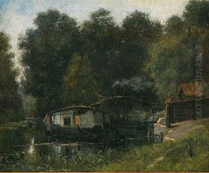 Cabanons Au Bord De Le Riviere by Leon Villevielle