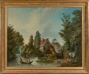 Moulin A Eau Avec Barque Et Personnages Scene Champetre