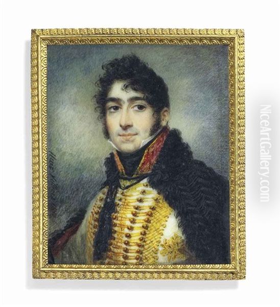 A Young Officer, In Gold-braided White Uniform With Red Collar, Black Stock, Black Cloak Draped Over His Shoulders And Tied At Front, Dark Curling Hair And Sideburns - view 1