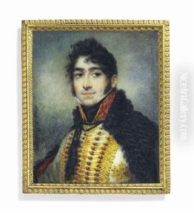 A Young Officer, In Gold-braided White Uniform With Red Collar, Black Stock, Black Cloak Draped Over His Shoulders And Tied At Front, Dark Curling Hair And Sideburns by Jean Francois Marie Villiers-Huet