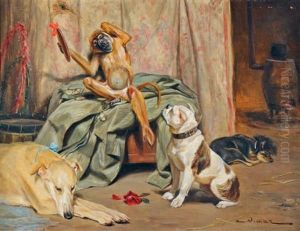 Singe Jouant Les Coquettes Devant Trois Chiens by Auguste Vimar